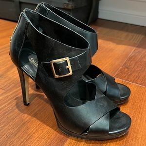 MICHAEL Michael Kors Womens Black Strap Heels with Gold Buckle